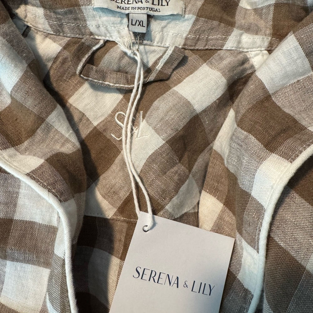 Serena & Lily Brown and White Checkered Linen Robe NWT